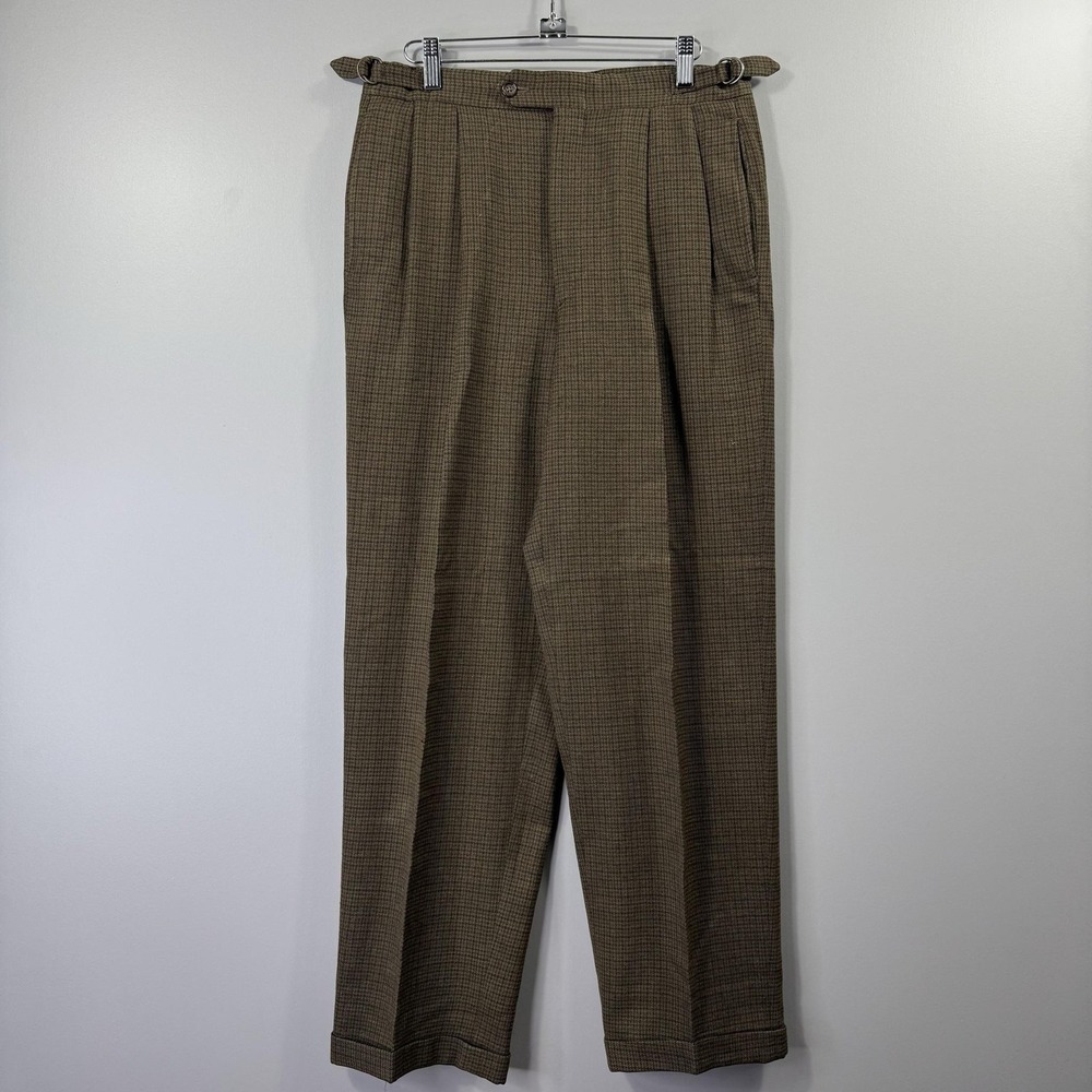 VTG Tommy Hilfiger Mens 31x30 Brown Wool Check Pleated Dress Classic Trousers